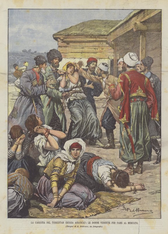 Hladomor v Turkestánu (asijské Rusko), ženy prodané z hladu na trhu od Achille Beltrame