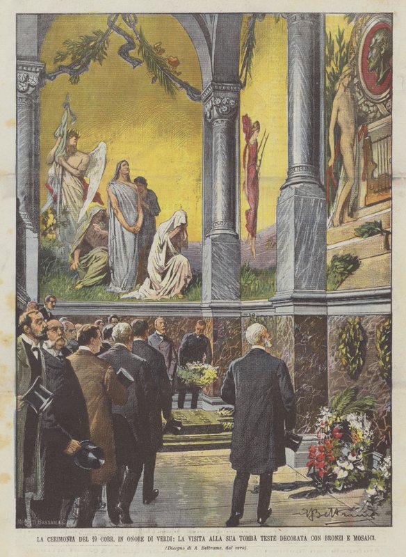 19 Korunovační slavnost na Verdiho počest, návštěva jeho hrobky s bronzovými a mozaikovými hlavami od Achille Beltrame
