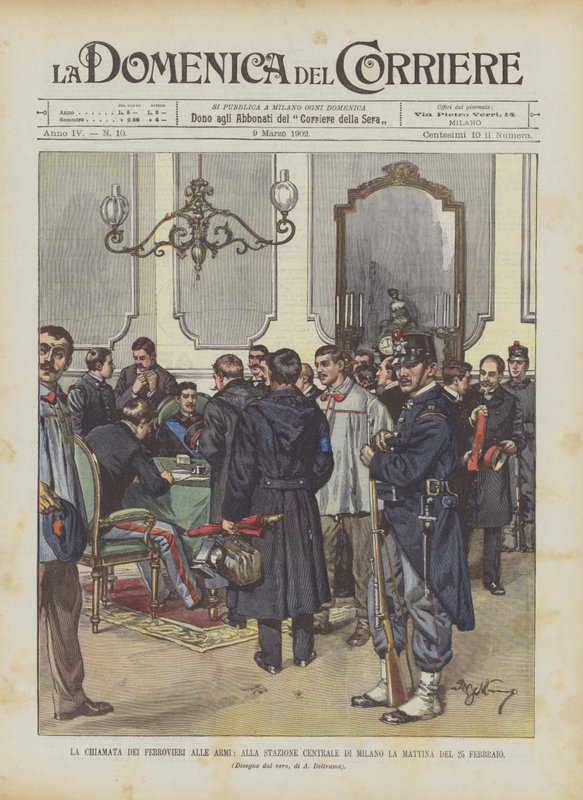 Výzva železničářů do zbraně na milánském hlavním nádraží ráno 25. února od Achille Beltrame