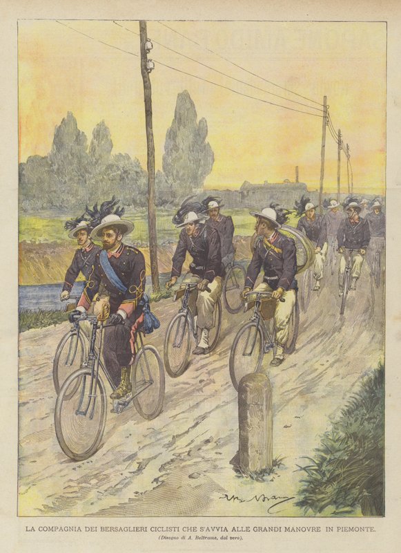 Cyklisté Compagnia Dei Bersaglieri zahajují velké manévry v Piemontu od Achille Beltrame