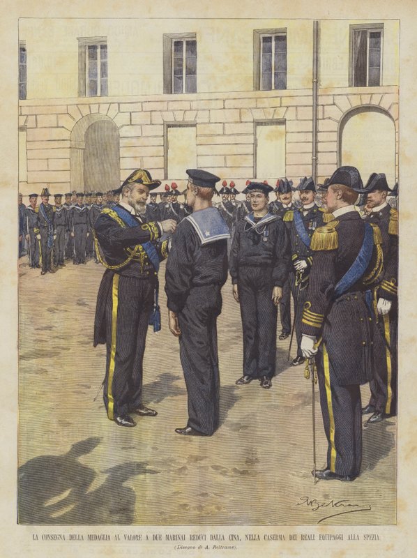 Předání medaile za statečnost dvěma námořníkům vracejícím se z Číny v kasárnách Royal Crews v La Spezia od Achille Beltrame