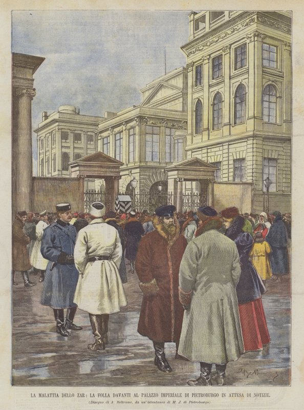 Carská nemoc, dav před petrohradským císařským palácem čekající na zprávy od Achille Beltrame