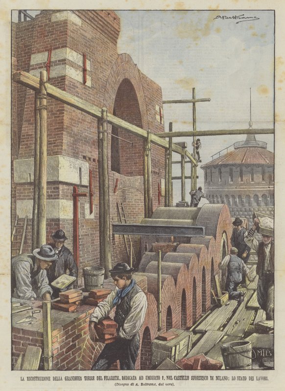 Rekonstrukce grandiózní Torre del Filarete, zasvěcené Umbertovi I., v Castello Sforzesco? od Achille Beltrame