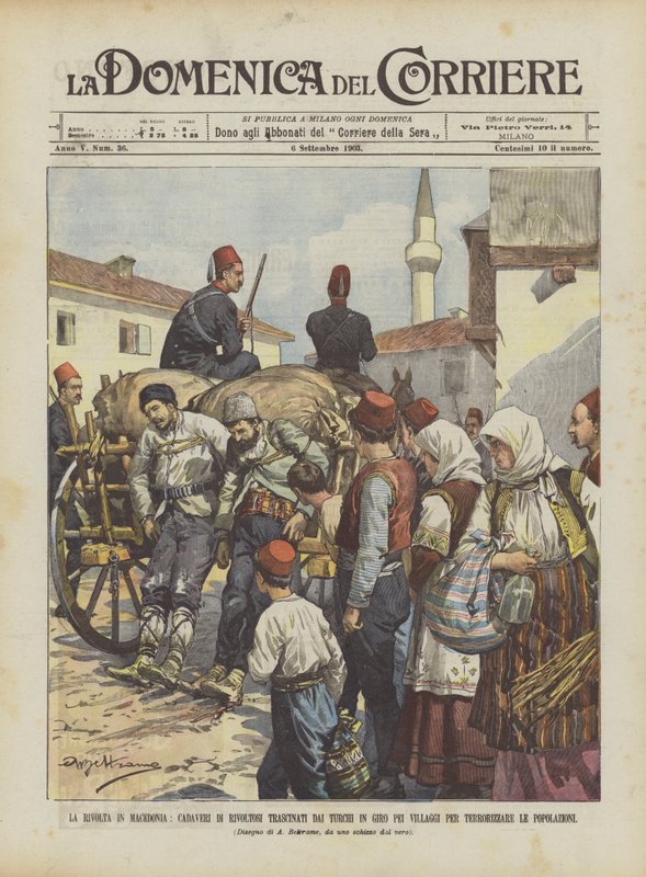 Makedonské povstání, mrtvoly výtržníků vláčené Turky po vesnicích Pei? od Achille Beltrame