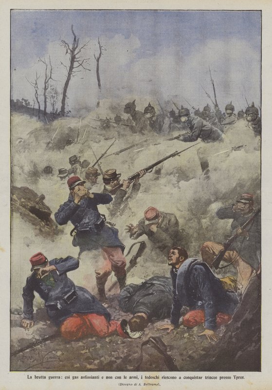 Špatná válka, s dusivými plyny a ne se zbraněmi, se Němcům daří dobýt zákopy poblíž Ypres od Achille Beltrame