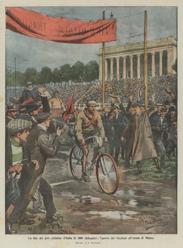 Konec 3000 km cyklistické cesty po Itálii, příjezd vítěze do milánské arény od Achille Beltrame