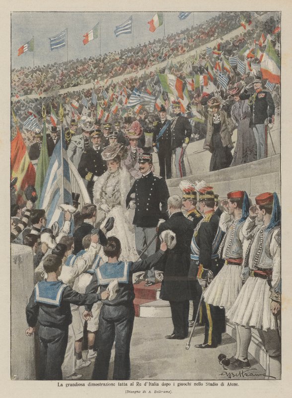 Grandiózní demonstrace před italským králem po hrách na aténském stadionu od Achille Beltrame