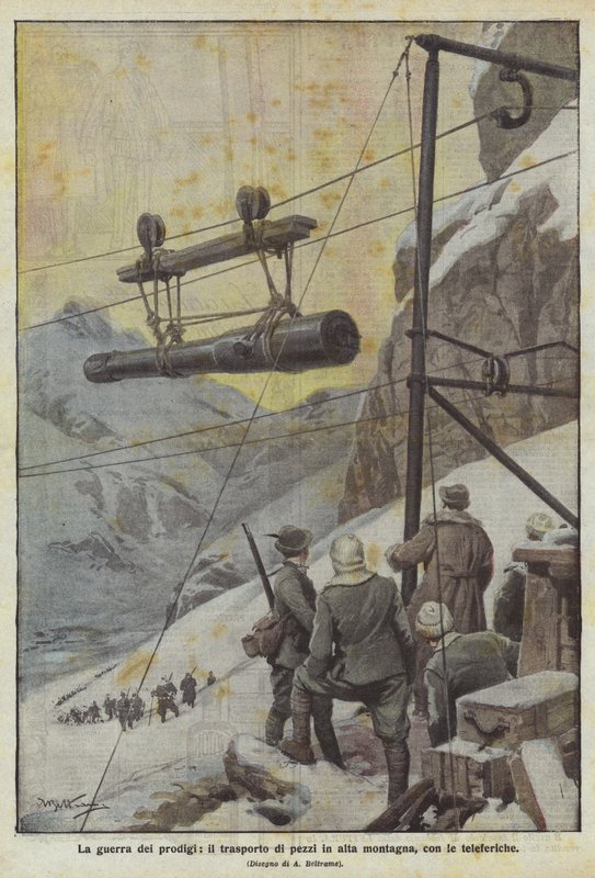 Válka divů, přeprava kusů ve vysokých horách s lanovkami od Achille Beltrame