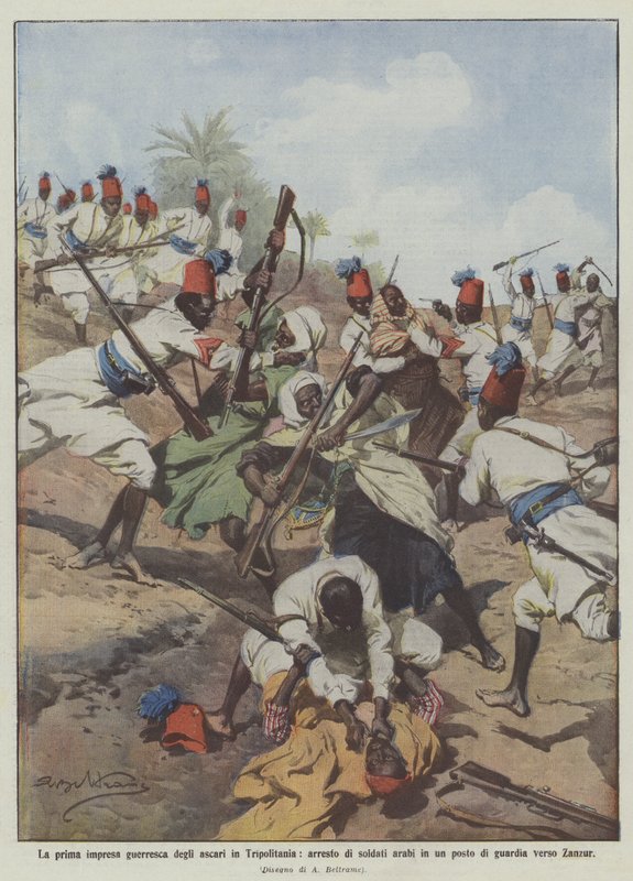 První válečný čin Askarů v Tripolitánii, zatčení arabských vojáků v místě ? od Achille Beltrame