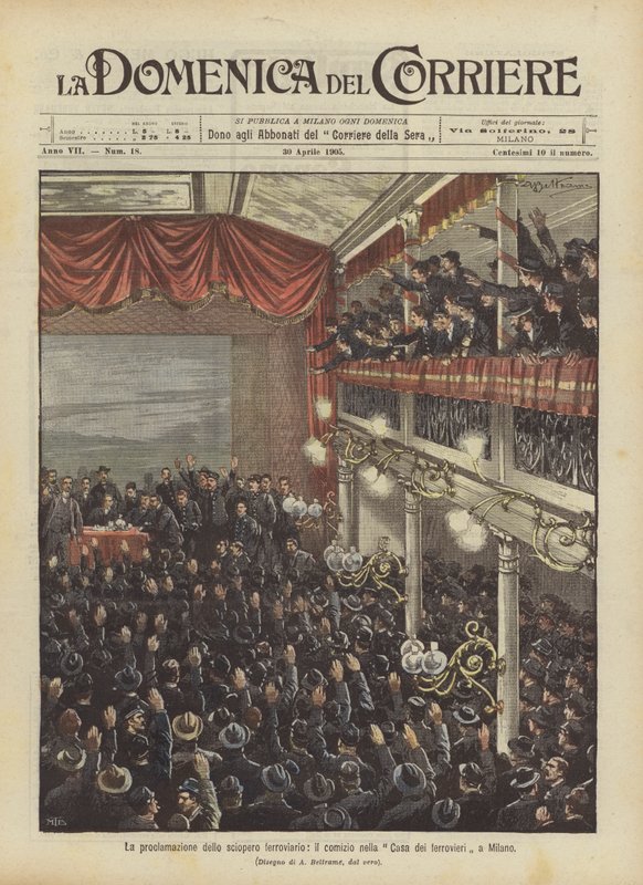 Vyhlášení železniční stávky, shromáždění v Casa dei Ferrovieri v Miláně od Achille Beltrame