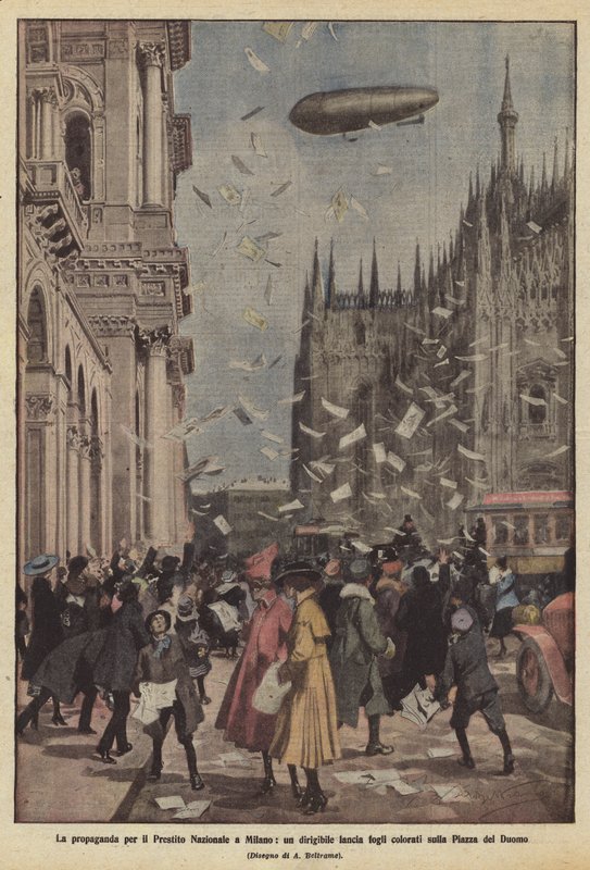 Propaganda národní půjčky v Miláně, vzducholoď vypouští barevné listy na náměstí Piazza del Duomo od Achille Beltrame