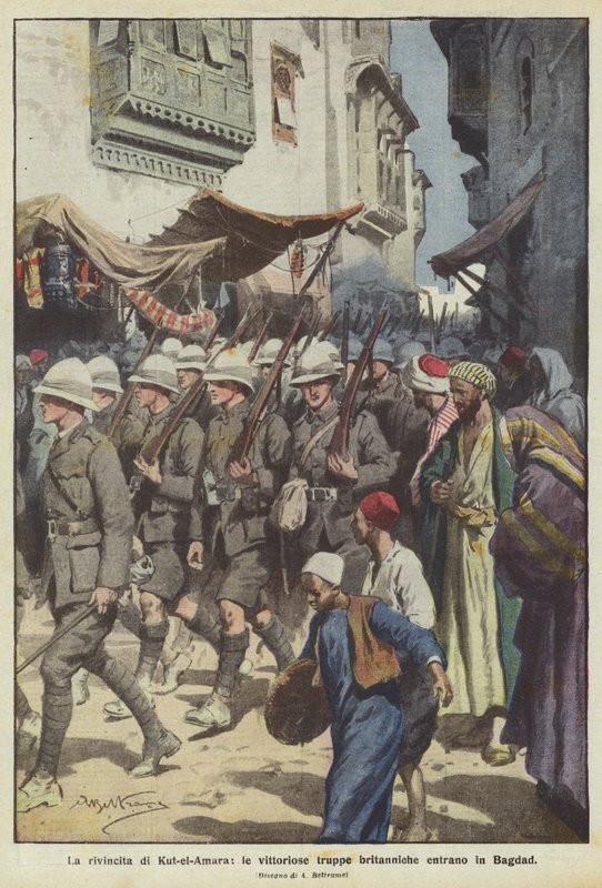Kut-el-Amarova pomsta, vítězné britské jednotky vstupují do Bagdádu od Achille Beltrame