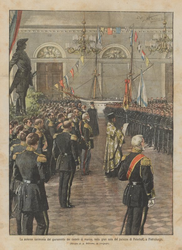 Slavnostní obřad přísahy námořních kadetů ve velké síni Peterhoffova paláce v Petrohradě od Achille Beltrame