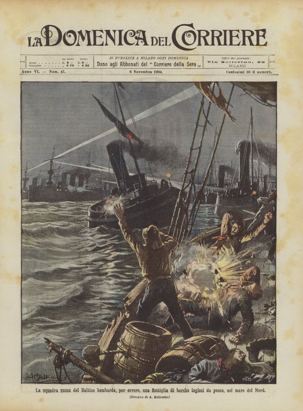 Ruský baltský tým omylem bombarduje flotilu britských rybářských člunů v Severním moři od Achille Beltrame