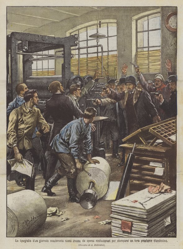 Tiskařský lis reakčních ruských novin napadený revolučními dělníky, aby vytiskli své vlastní? od Achille Beltrame