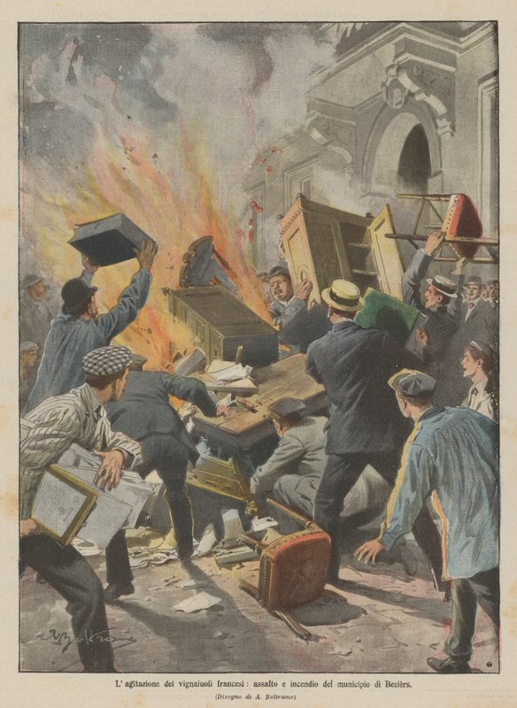 Agitace francouzských vinařů, přepadení a požár na radnici v Beziers od Achille Beltrame
