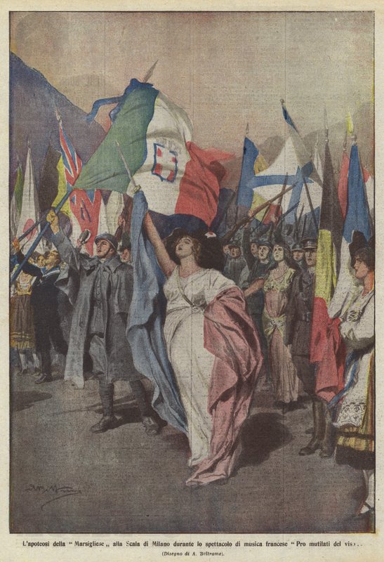 Lapoteóza Marseillaise v La Scala v Miláně během francouzské hudební show Pro mutilati delface od Achille Beltrame