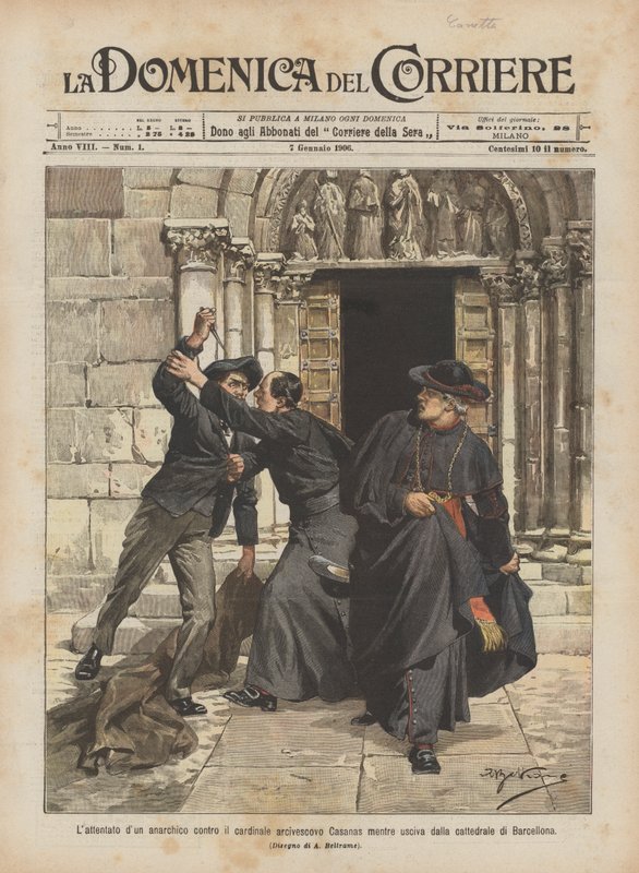 Atentát anarchisty na kardinála arcibiskupa Casanase, když opouštěl barcelonskou katedrálu od Achille Beltrame