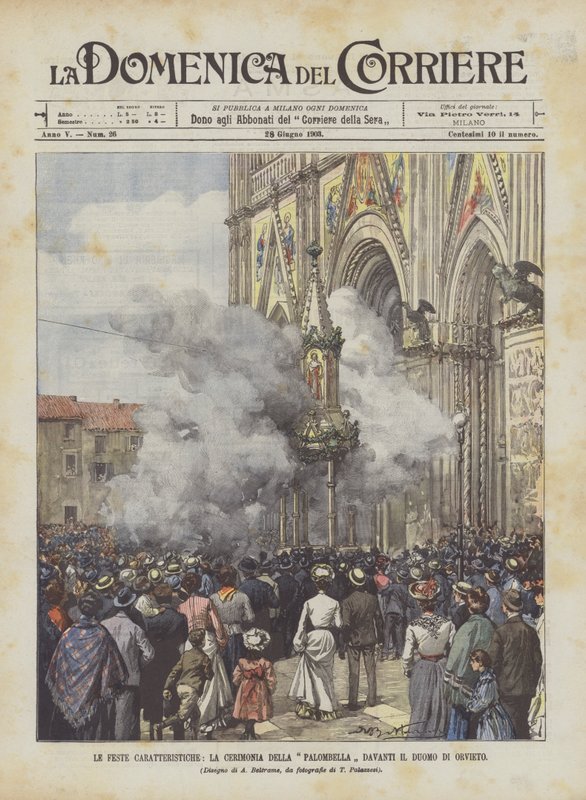 Charakteristické slavnosti, obřad Palombella před katedrálou v Orvietu od Achille Beltrame