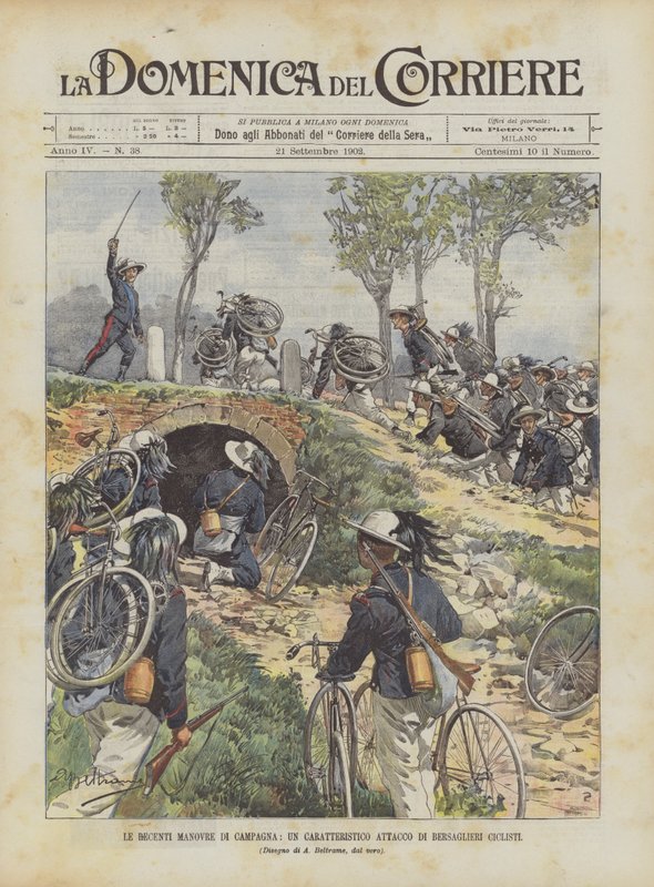 Nedávné manévry kampaně, charakteristický útok na cyklisty Bersaglieri od Achille Beltrame