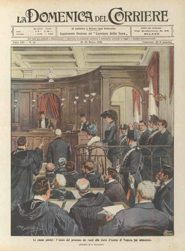 Slavné případy, začátek procesu s Rusy u porotního soudu v Benátkách za vraždu od Achille Beltrame