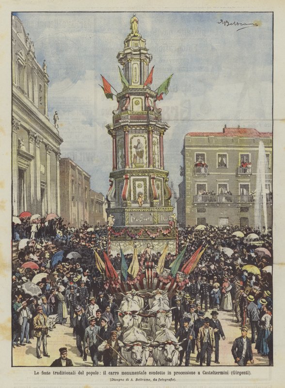 Tradiční lidové slavnosti, monumentální plovák nesený v průvodu v Casteltermini (Girgenti) od Achille Beltrame
