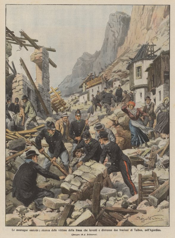 Vražedné hory, hledající oběti sesuvu půdy, který zasáhl a zničil dvě vesničky? od Achille Beltrame