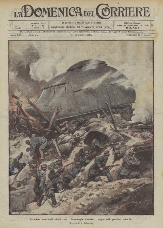 Nové spojenecké zbraně, britský pozemní dreadnought na německých pozicích od Achille Beltrame