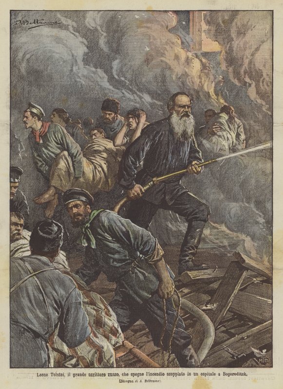 Lev Tolstoj, velký ruský spisovatel, který hasí požár, který vypukl v nemocnici v Bogoroditzku od Achille Beltrame