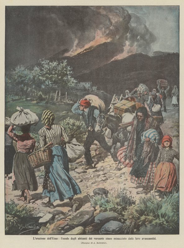 Erupce Etny, cesta obyvatel strany Etny ohrožená postupující lávou od Achille Beltrame