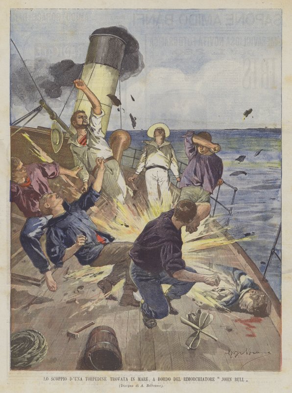 Výbuch torpéda nalezeného na moři na palubě remorkéru John Bull od Achille Beltrame