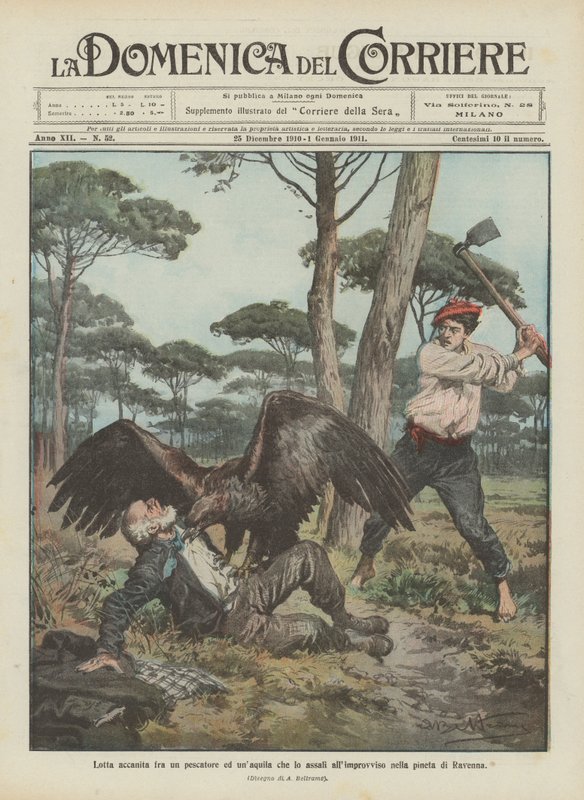 Nelítostný souboj rybáře s orlem, který na něj náhle zaútočí v borovém lese Ravenna. od Achille Beltrame