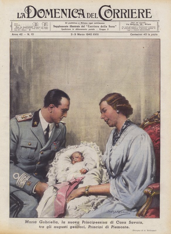 Marie Gabriela, nová princezna z rodu Savojských, mezi svými vznešenými rodiči, knížaty piemontskými. od Achille Beltrame
