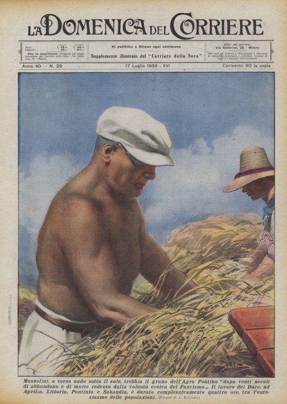 Mussolini, nahý pod sluncem, po dvaceti stoletích mlátí pšenici v Pontských bažinách? od Achille Beltrame