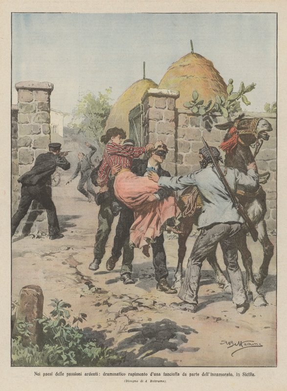V zemích vášnivých vášní, dramatický únos dívky milencem, na Sicílii od Achille Beltrame
