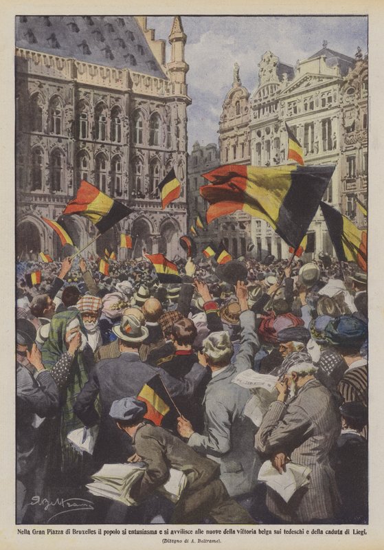 Na Velkém náměstí v Bruselu jsou lidé nadšeni a sklíčeni zprávou o belgickém vítězství nad Němci a o rozpadu Lutychu. od Achille Beltrame