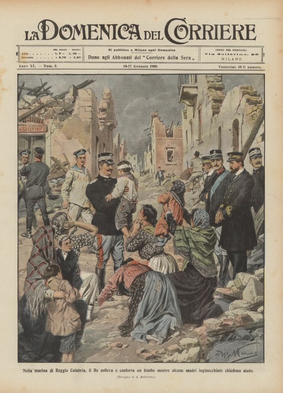 V přístavu Reggio Calabria král zvedá a utěšuje dítě, zatímco některé klečící matky žádají o pomoc od Achille Beltrame
