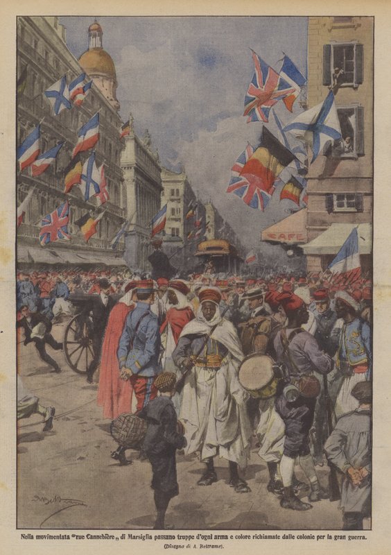 V rušné rue Canebiere v Marseille procházejí jednotky, sny, zbraně a barvy, připomínané? od Achille Beltrame