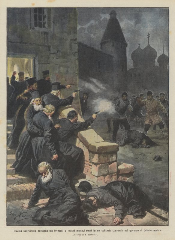 Krvavá bitva mezi bandity a starými ruskými mnichy v osamělém klášteře? od Achille Beltrame