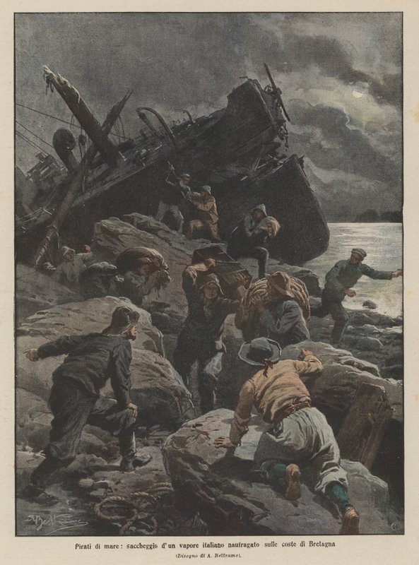 Mořští piráti, plenění italské lodi ztroskotané na pobřeží Bretaně od Achille Beltrame