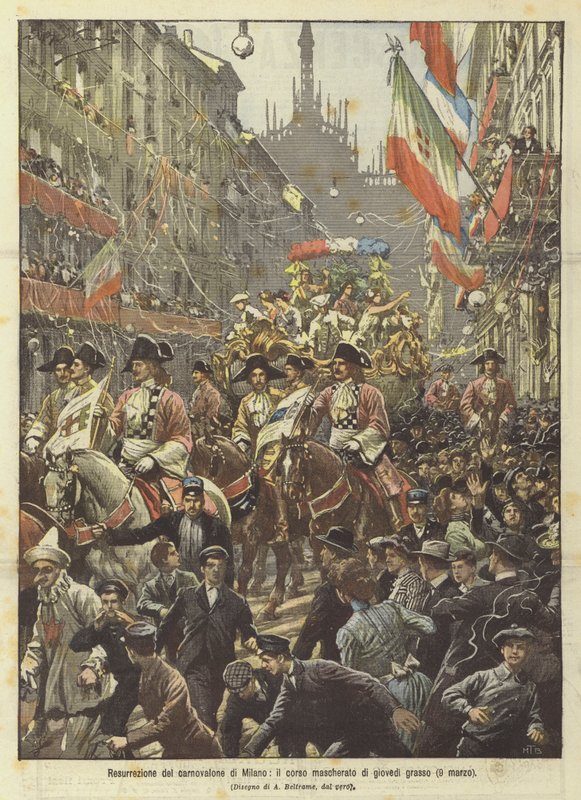 Vzkříšení milánského karnovalonu, maskovaný průběh masopustního čtvrtku (9. března) od Achille Beltrame