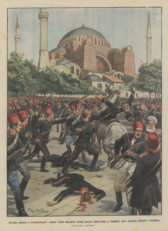 Vojenské povstání v Konstantinopoli, ozbrojení rebelští vojáci se shromáždili v Santa Sofii ve Stamboulu? od Achille Beltrame