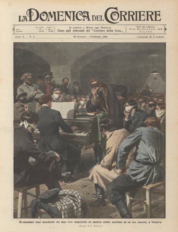 Maskovaní ruští revolucionáři, kteří se po únosu slavného pianisty zúčastní jednoho z jeho? od Achille Beltrame