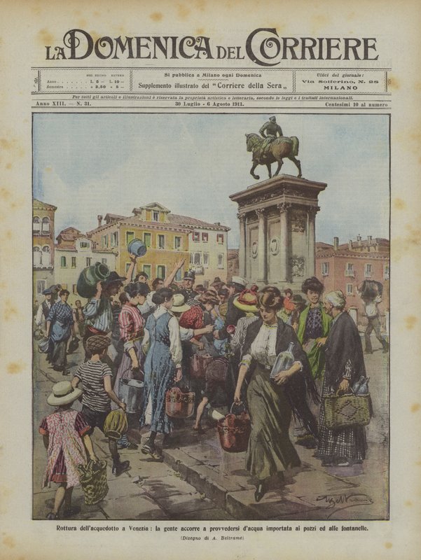 Protržení akvaduktu v Benátkách, lidé spěchají, aby se zásobili vodou dováženou do studní a fontán od Achille Beltrame