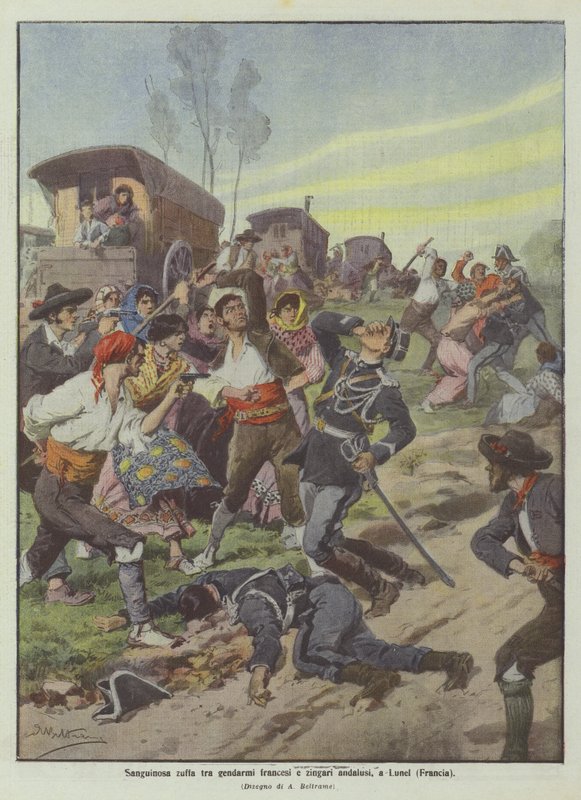 Krvavý boj mezi francouzskými četníky a andaluskými cikány v Lunel (Francie) od Achille Beltrame