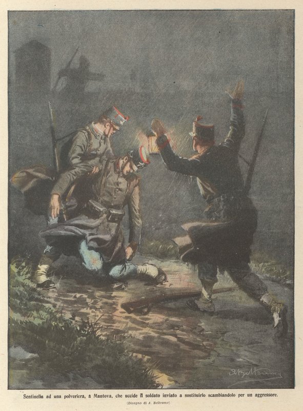 Sentinel v prachárně v Mantově, který zabije vojáka, který ho má nahradit, a spletl si ho s útočníkem od Achille Beltrame