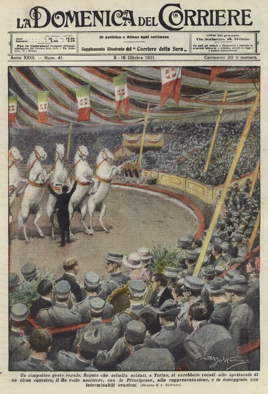 Vojáci sledující vystupující koně v cirkuse v Turíně od Achille Beltrame