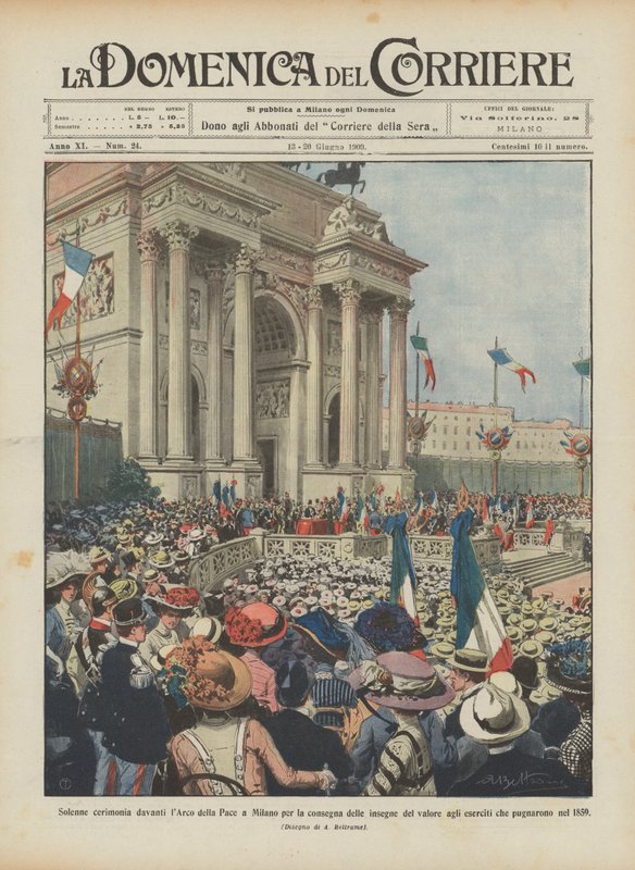 Slavnostní ceremoniál před Arco della Pace v Miláně za předání hodnotných insignií společnosti? od Achille Beltrame
