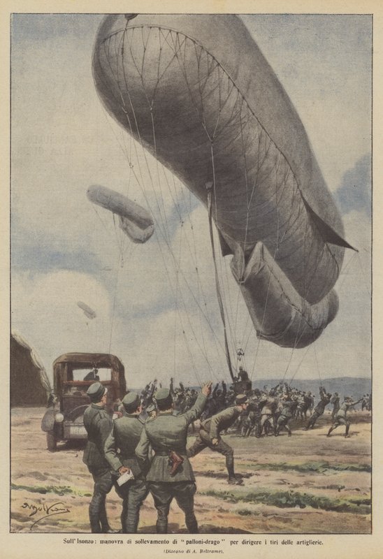 Na řece Isonzo dračí balon zvedá manévry k vedení dělostřelecké palby. od Achille Beltrame