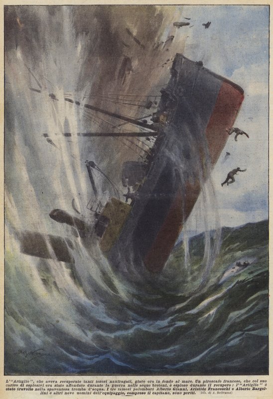 Dráp, který získal tolik ztroskotaných pokladů, nyní leží na dně moře (barva litho) od Achille Beltrame